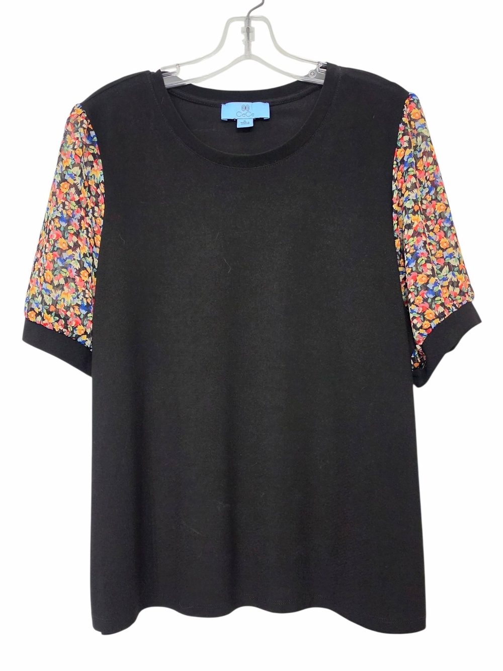 CeCe XL Black Stretch Blouse Floral Sheer Sleeves Rib Trim NWT Women's Top